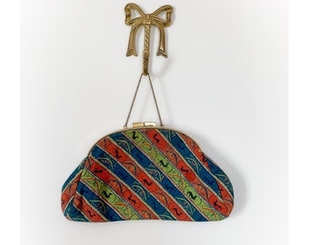 Vintage Green Blue and Orange Stripe Running Dog Purse with Dainty Chain Handle