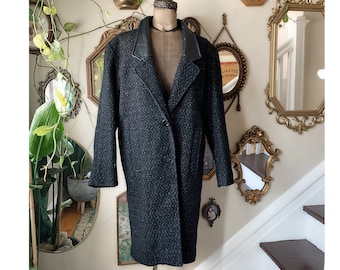 Vintage 1980s David Benjamin Collection Wool and Leather Coat Black with White Specks
