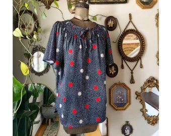 Vintage 1970s Tiger Lily Navy Blue Nylon Top with White Stars and Red and Cream Polka Dots