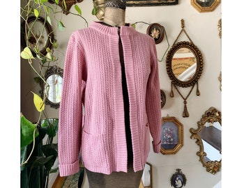 Vintage 1980s Merville Mauve Dusty Rose Pink Cardigan Size Medium