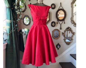 Vintage 1950s Red Jonny Herbert Original Sleeveless Dress with Built In Petticoat
