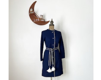 Vintage 1970s Barnsville Navy Blue Long Sleeve Polyester Dress with White Pom Pom Belt