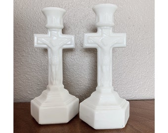 Vintage Antique Milk Glass Crucifix Candlestick Holders Set of 2