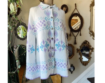 Vintage 1970s Roaman's White Blue and Purple Poncho Cape