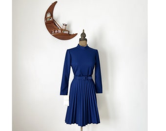 Vintage 1970s Blue New Old Stock Shirtknits by Fairview Long Sleeve Turtleneck Dress with Belt