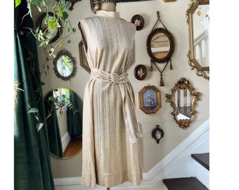 Vintage 1960s Gold and Silver Tinsel Lurex Sleeveless Dress with Belt