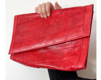 Vintage Large 1980s Shoe Strings by Barbabra Bolan Red Snakeskin Clutch Purse