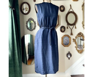 Vintage 1960s Mancini California Navy Blue Sleeveless Dress and Matching Belt