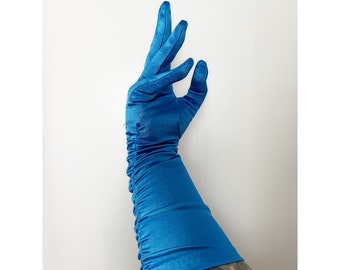 Vintage Satin Blue Ruched Formal Gloves