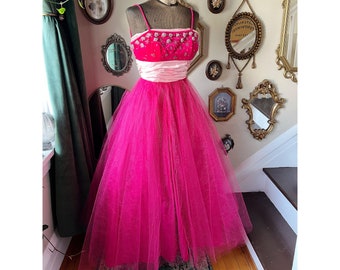 Vintage 1950s Fuchsia Pink Velvet and Tulle Party Dress