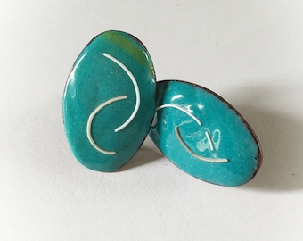 Vintage Copper Enamel Turquoise Earrings Screw Backs