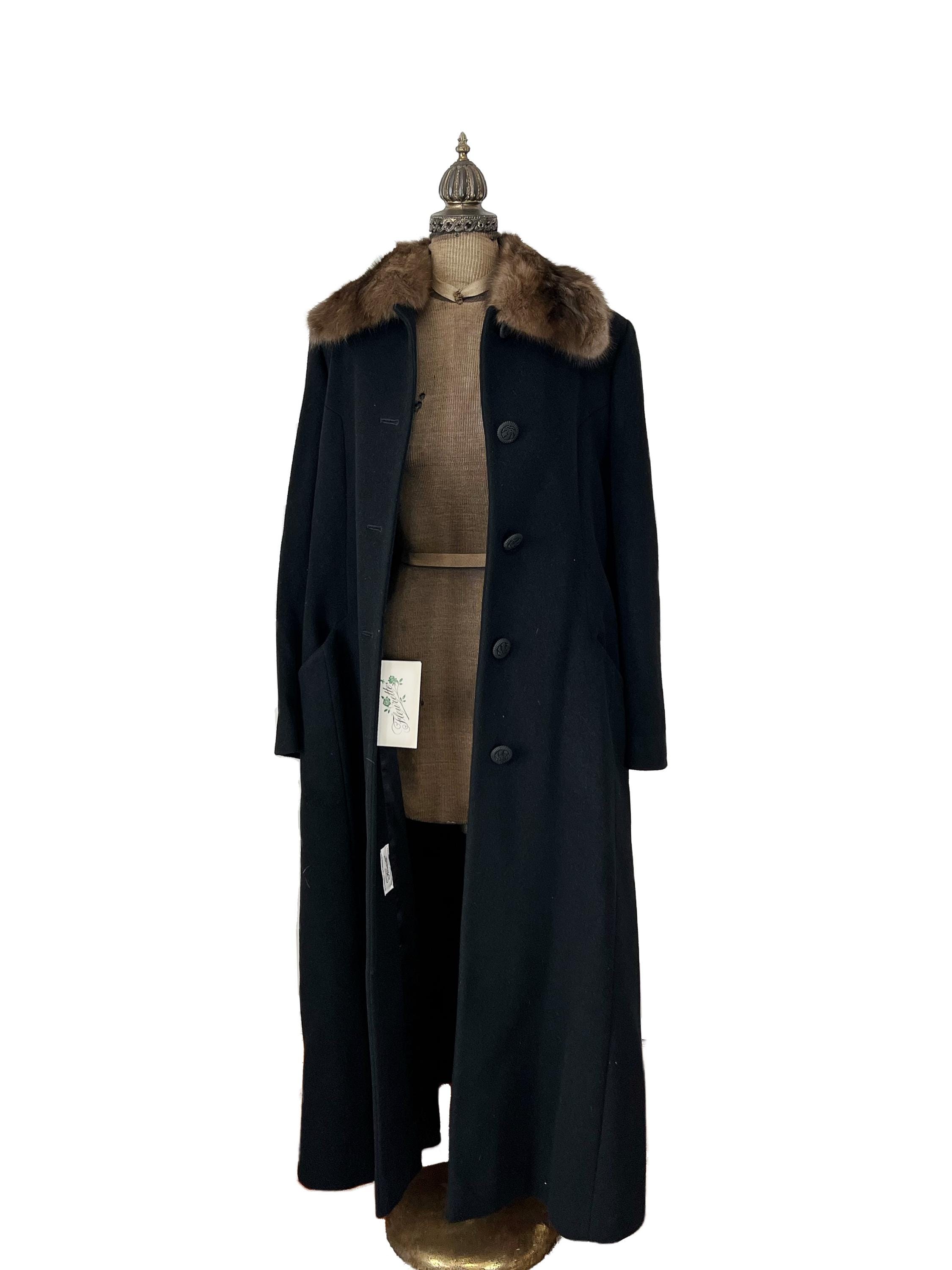 French Vintage wool×cashmere Coat Vintage NOS Black Fleurette Cashmere and Wool Floor Length Coat