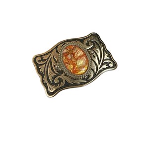 Vintage Lucite Foil Oval Cabochon and Silver Tone Metal Leaf Belt Buckle