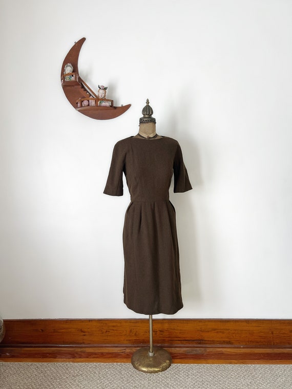 Vintage 1950s or Early 1960s Brown Wool Dress wit… - image 2