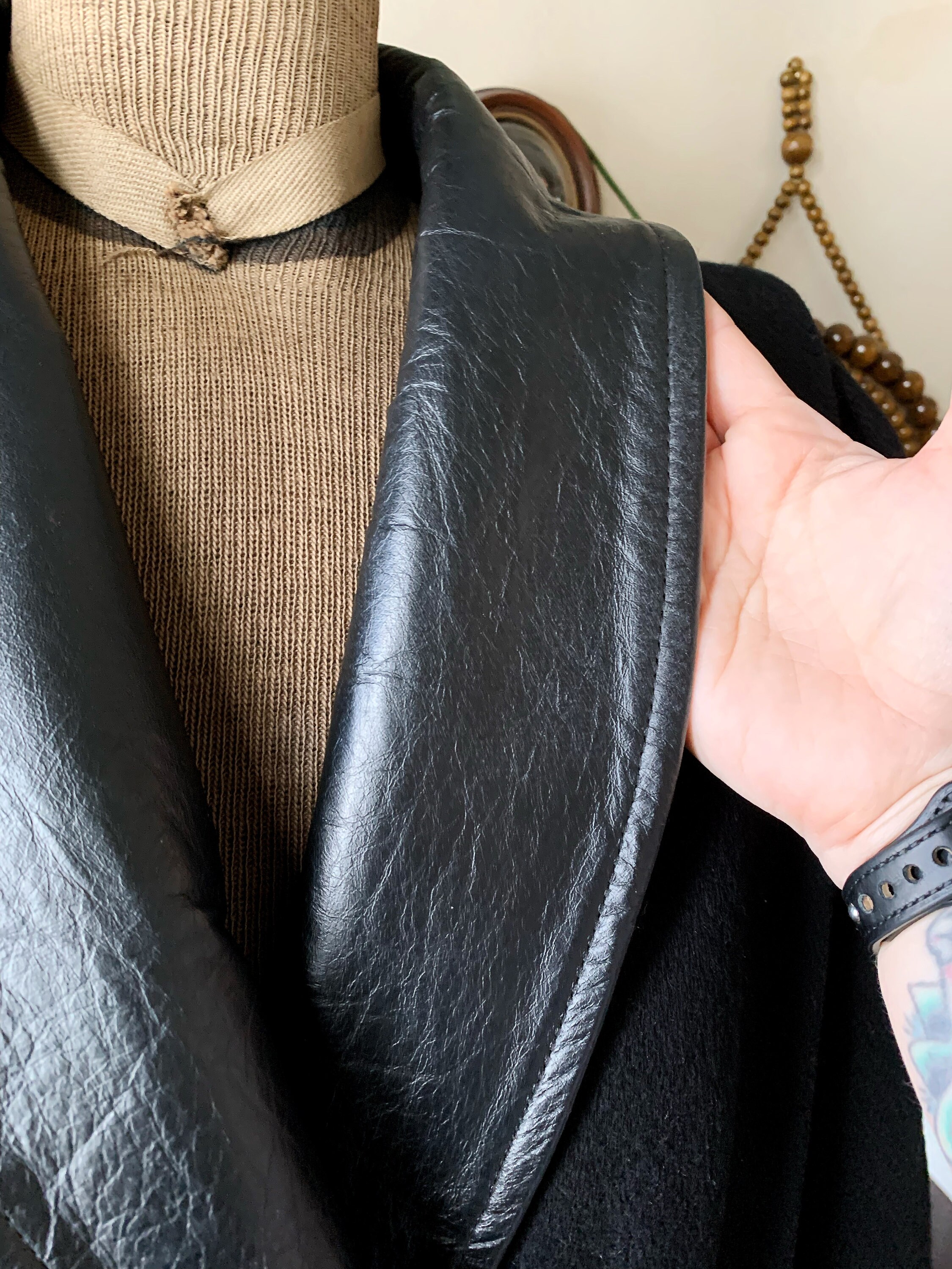 Vintage 1980s Jofeld USA Black Wool Coat With Leather Trim Vintage 1980s Jofeld USA Black Wool Coat With Leather Trim