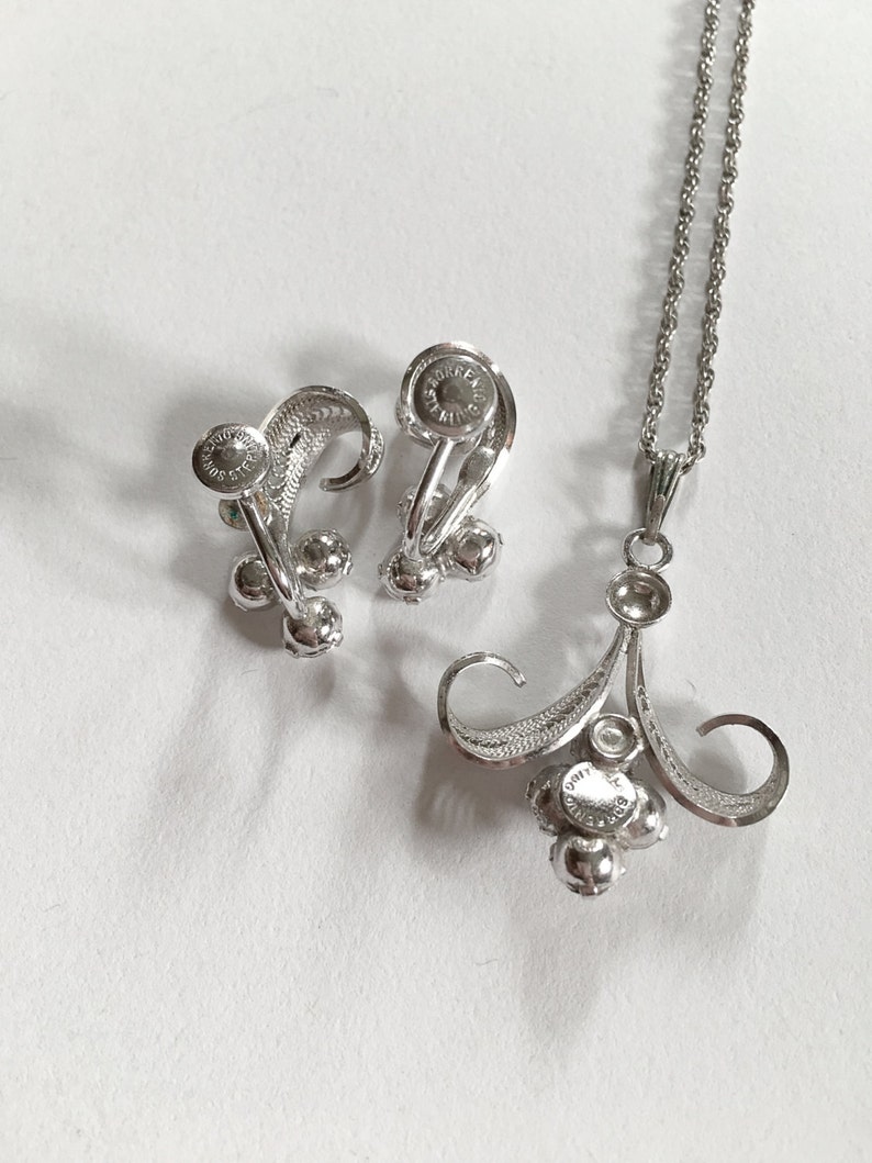 Vintage Sorrento Sterling Silver and Rhinestone Necklace and Screw Back Earrings Jewelry Set