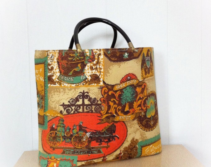 Vintage Tote Purse Colonial Print Fabric Etsy
