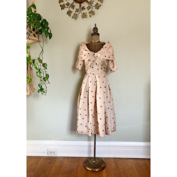 Vintage 1950s Rappi Polka Dot Dress Tan and Black