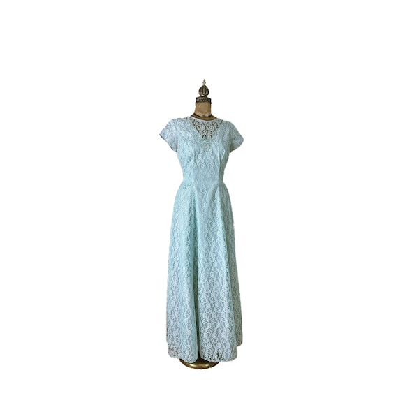 Vintage 1960s Union Made Aqua Blue Floral Lace Dress