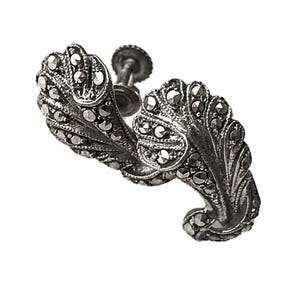Vintage West Germany Sterling Silver Rhinestone Feather Plume Earrings Screw Backs