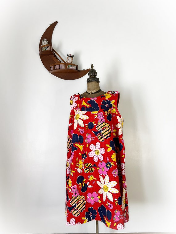 Vintage 1960s Smock Style Sleeveless Dress Red wi… - image 2