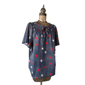 Vintage 1970s Tiger Lily Navy Blue Nylon Top with White Stars and Red and Cream Polka Dots