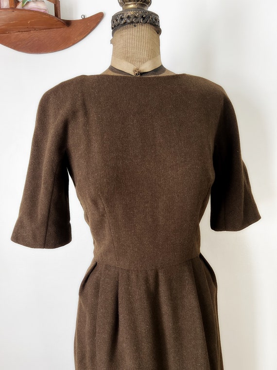 Vintage 1950s or Early 1960s Brown Wool Dress wit… - image 3