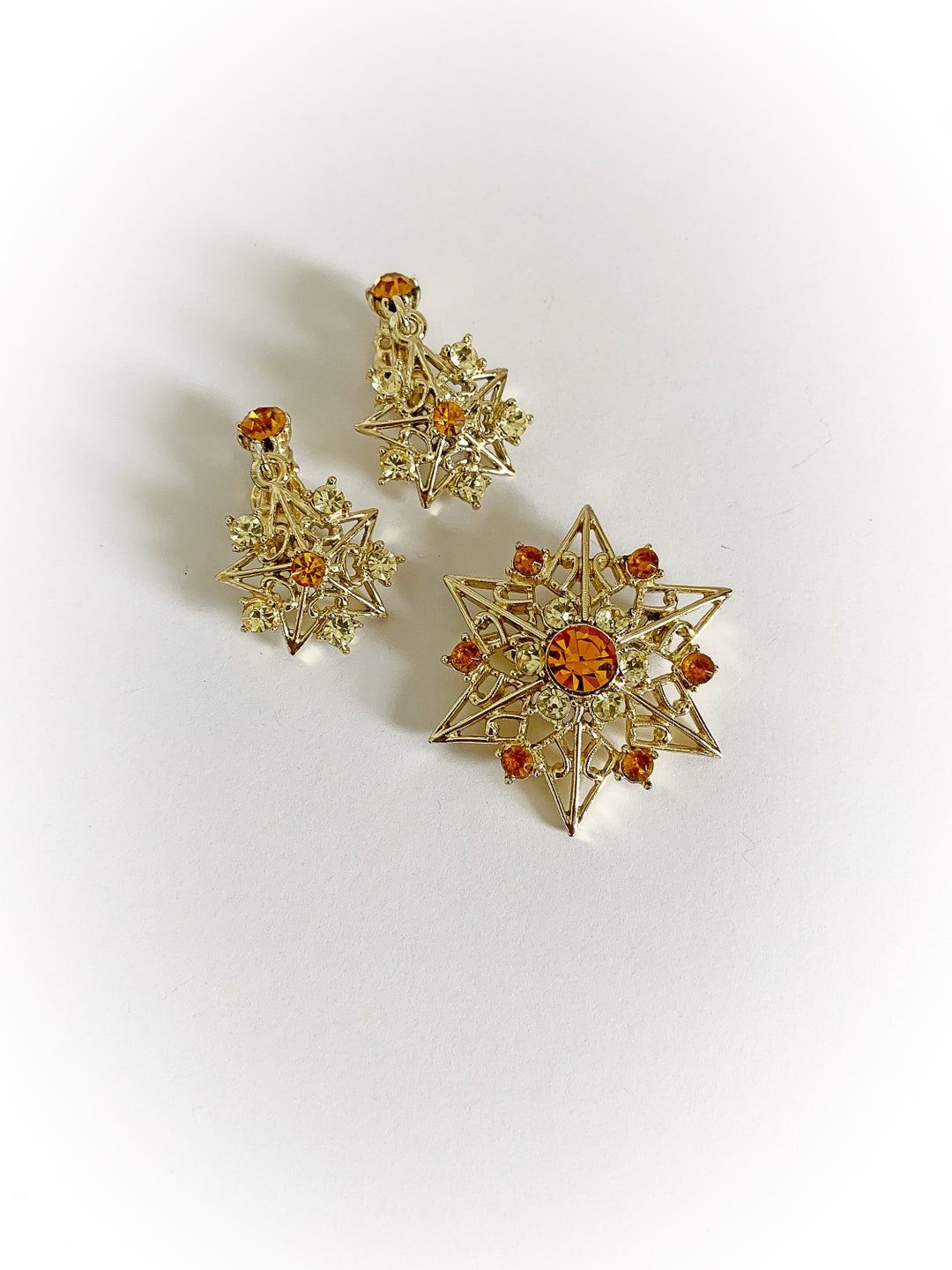 Vintage Star Jewelry Set Gold Tone Metal Yellow and Orange Rhinestone