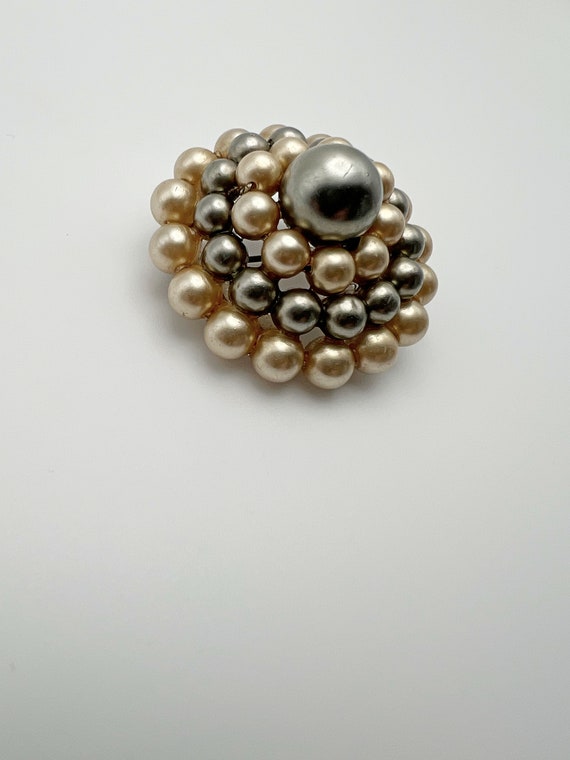 Vintage Faux Pearl Beige and Charcoal Brown Dome … - image 3
