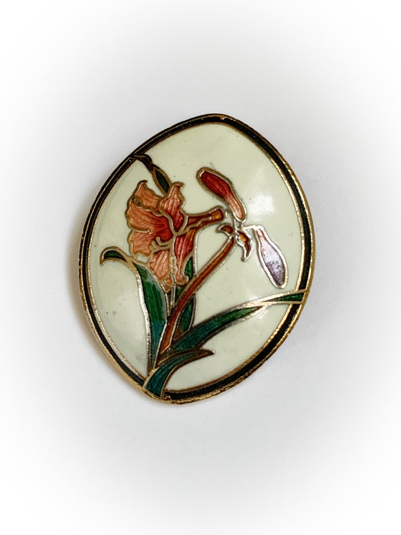 Vintage Cloisonné Red and Pink Lily Brooch