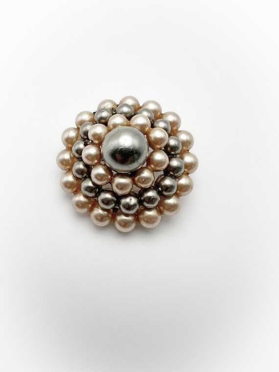 Vintage Faux Pearl Beige and Charcoal Brown Dome … - image 1