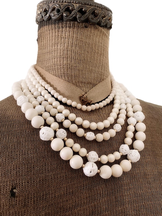 Vintage Japan Art Bead Necklace Iridescent Glass Wood Pearl Double Strand PeachIridescentTransparentandO  main image 3
