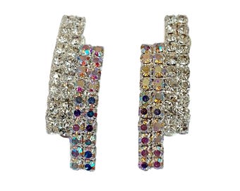 Vintage White and Iridescent Rhinestone Clip On Earrings