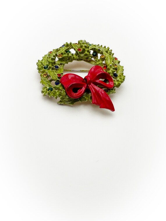 Vintage Christmas Wreath Brooch Green and Red Pai… - image 2