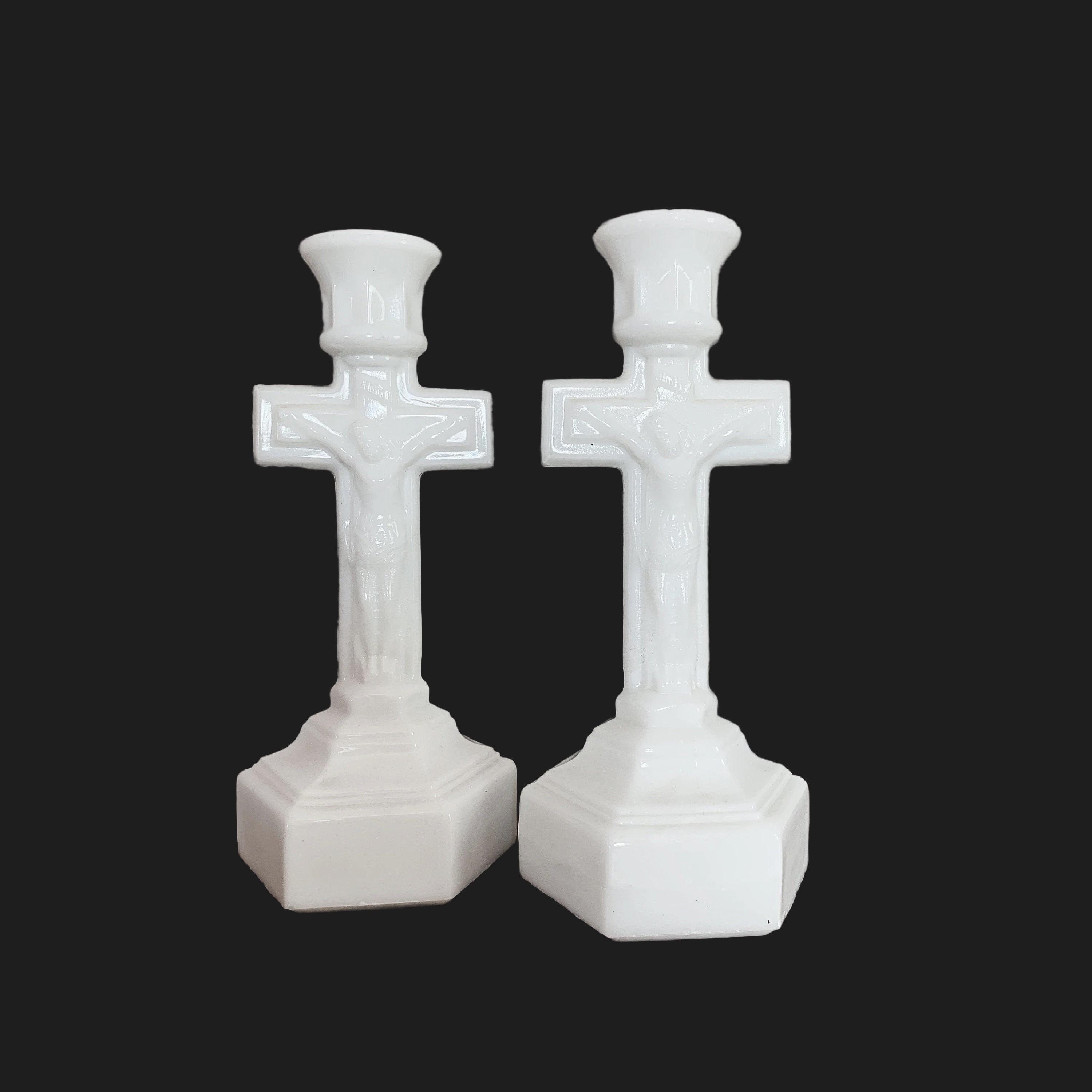 Vintage Antique Milk Glass Crucifix Candlestick Holders Set of 2