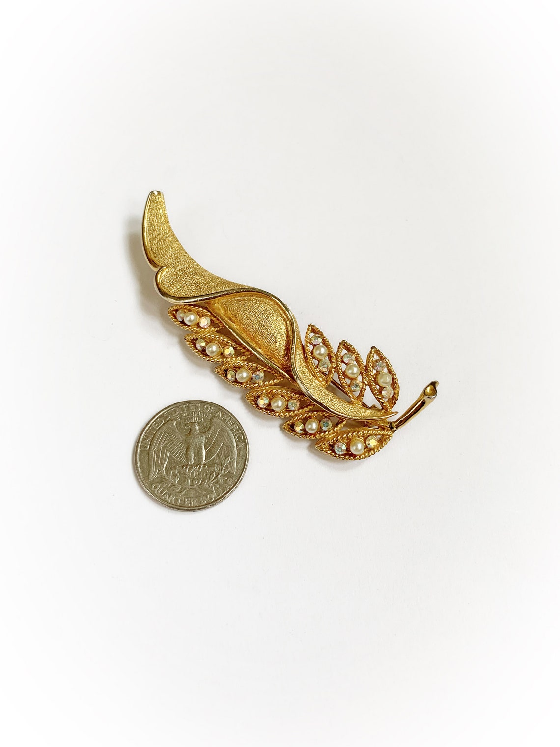Vintage Gold Tone Metal Leaf Brooch With Faux Pearls and Etsy