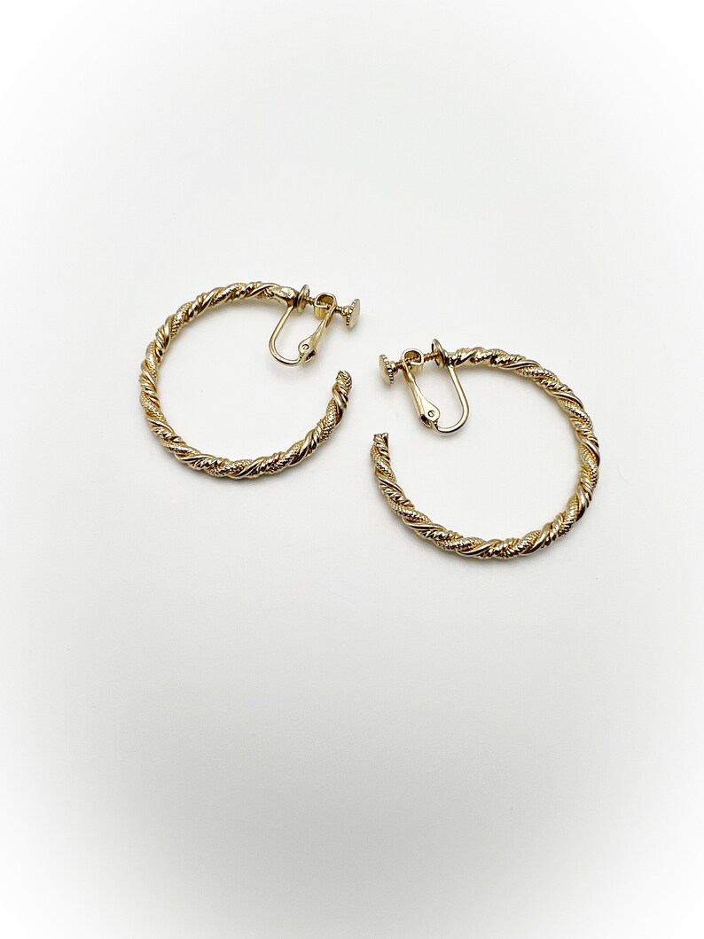 Vintage Rope Braid Gold Tone Metal Hoop Earrings with Clip On Screw Back Combo Backings image 5