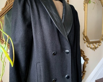 Vintage 1980s Jofeld USA Black Wool Coat With Leather Trim Vintage 1980s Jofeld USA Black Wool Coat With Leather Trim