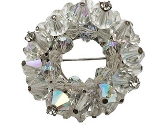 Vintage Iridescent Aurora Borealis Plastic Bead and Rhinestone Circle Brooch
