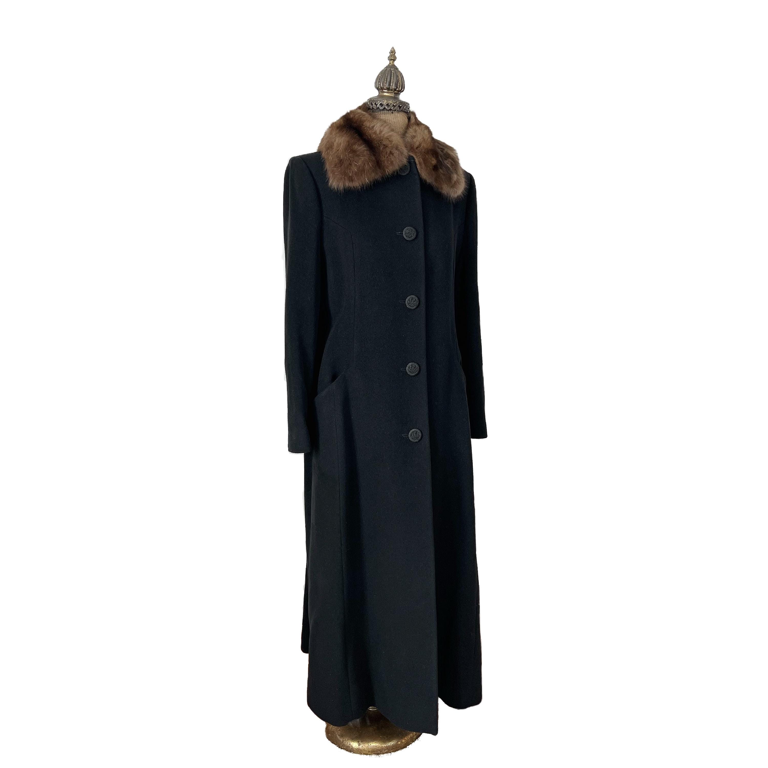 Vintage NOS Black Fleurette Cashmere and Wool Floor Length Coat