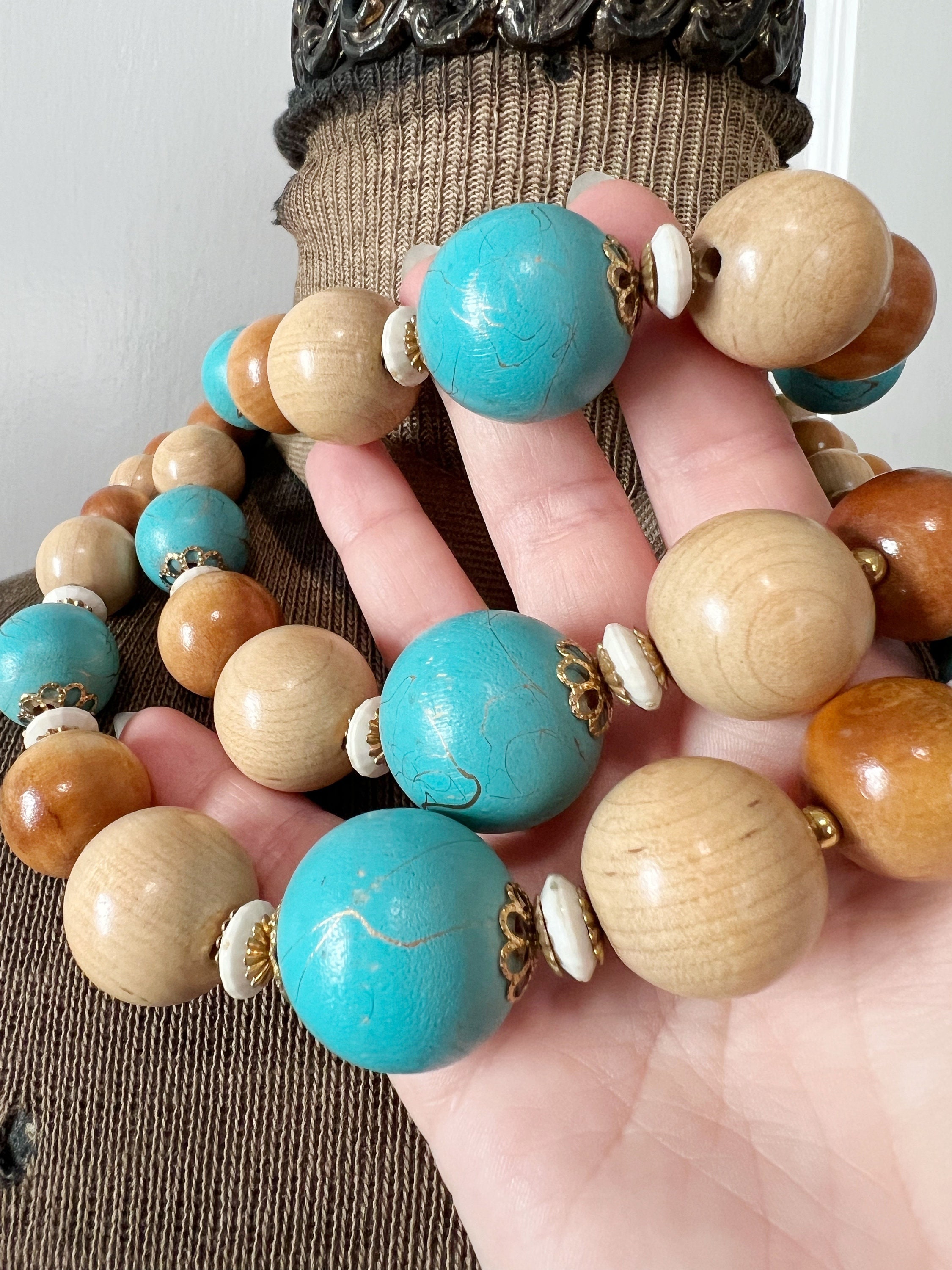 Vintage Wooden Bead Triple Strand Choker Necklace - Etsy