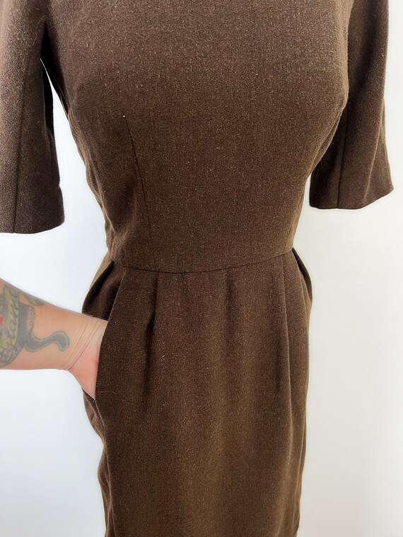 Vintage 1950s or Early 1960s Brown Wool Dress wit… - image 4