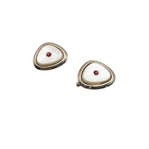 Vintage Triangular White Pearlescent Plastic Cuff Links with Red Rhinestone Center