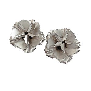 Vintage Silver Tone Metal Large Flower Clip On Earrings