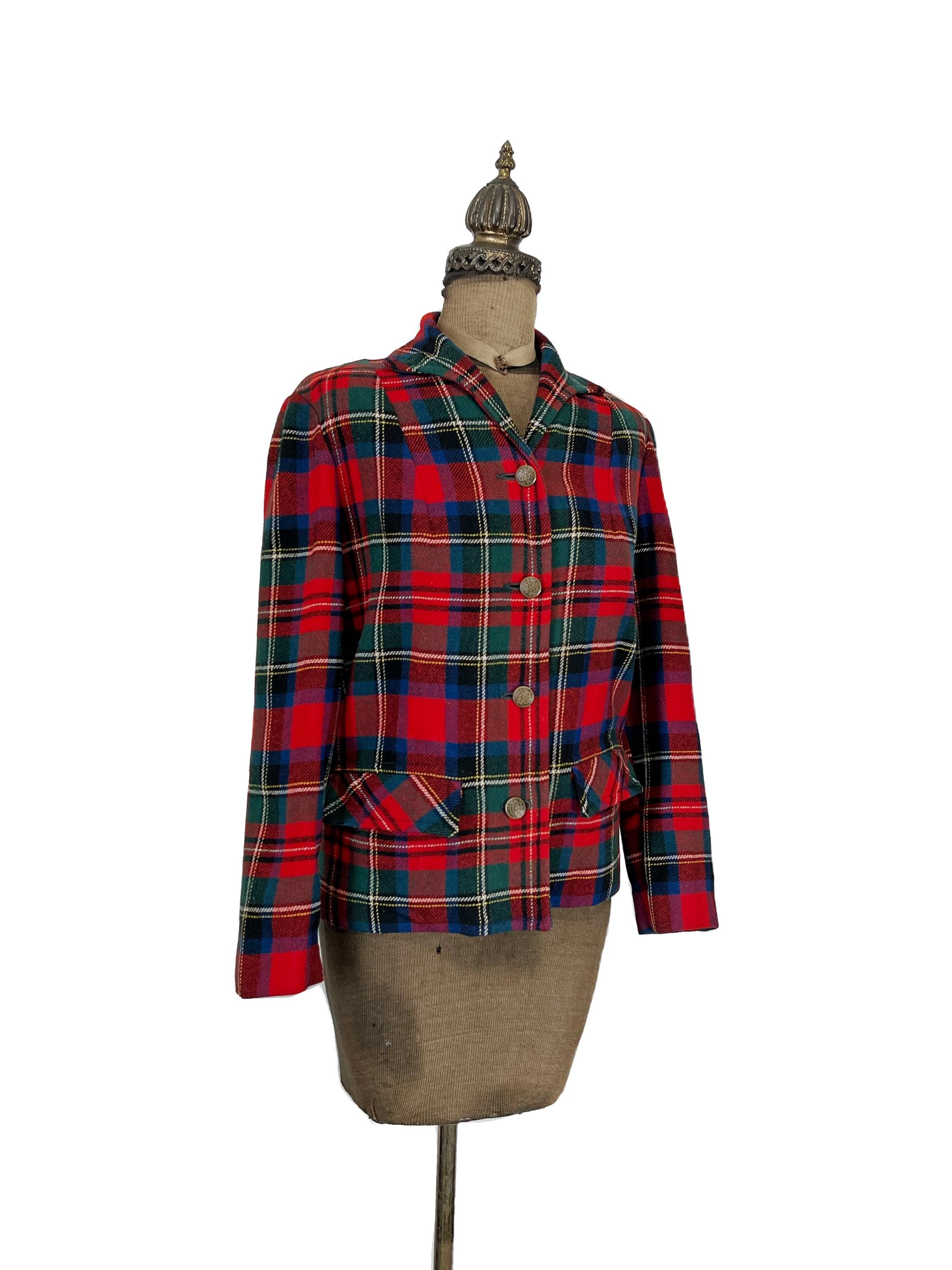 Vintage Pendleton 49ers Plaid Wool Jacker With Brass Leaf Buttons