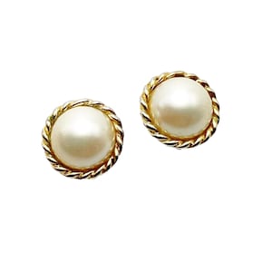 Vintage Faux Pearl Dome Clip On Earrings with Gold Tone Metal Twist Border