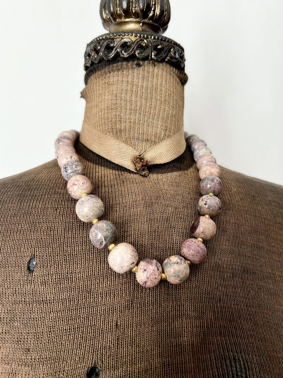 Vintage 1980s Purple Marbled Stone and Brass Beade