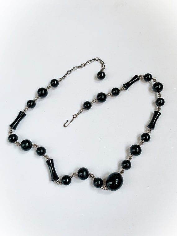 Vintage Black and Silver Plastic Beaded Necklace - image 5