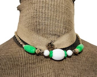 Vintage 1970s Avon Come Summer Choker Necklace Plastic Green and White Beads Gold Tone Metal