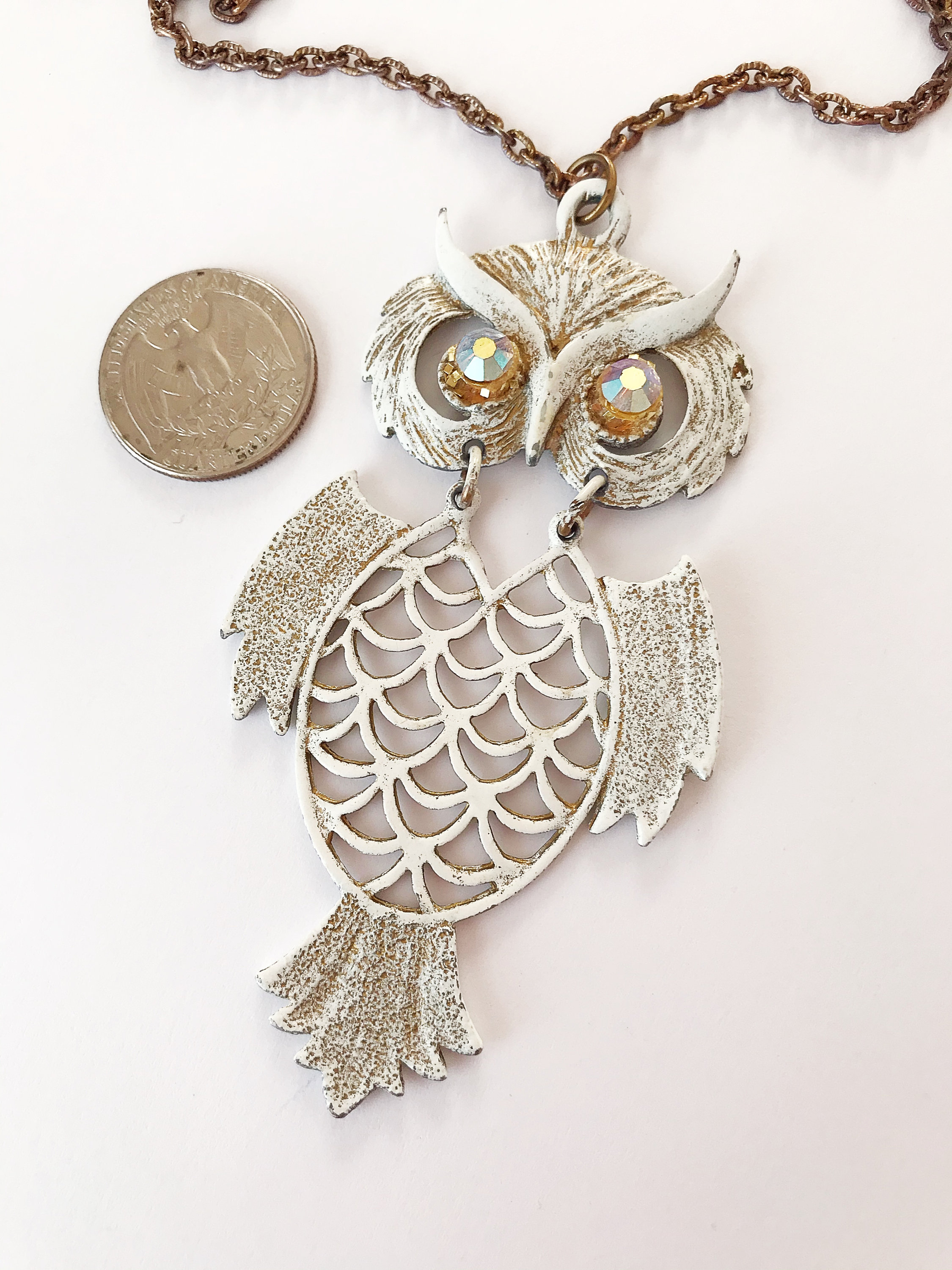 Vintage White Owl Pendant Necklace With Rhinestone Eyes Etsy